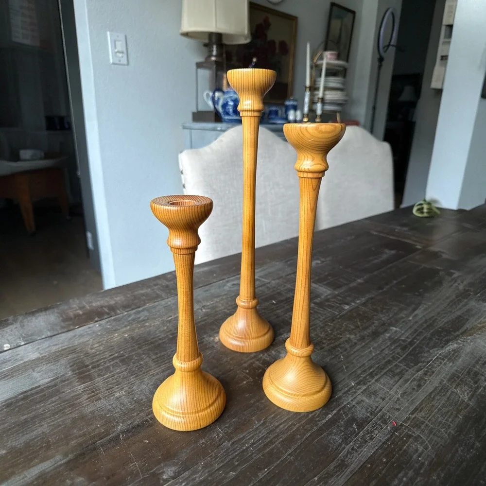 Mid Century Modern Pine Tapered Candlestick Trio Set 13.5